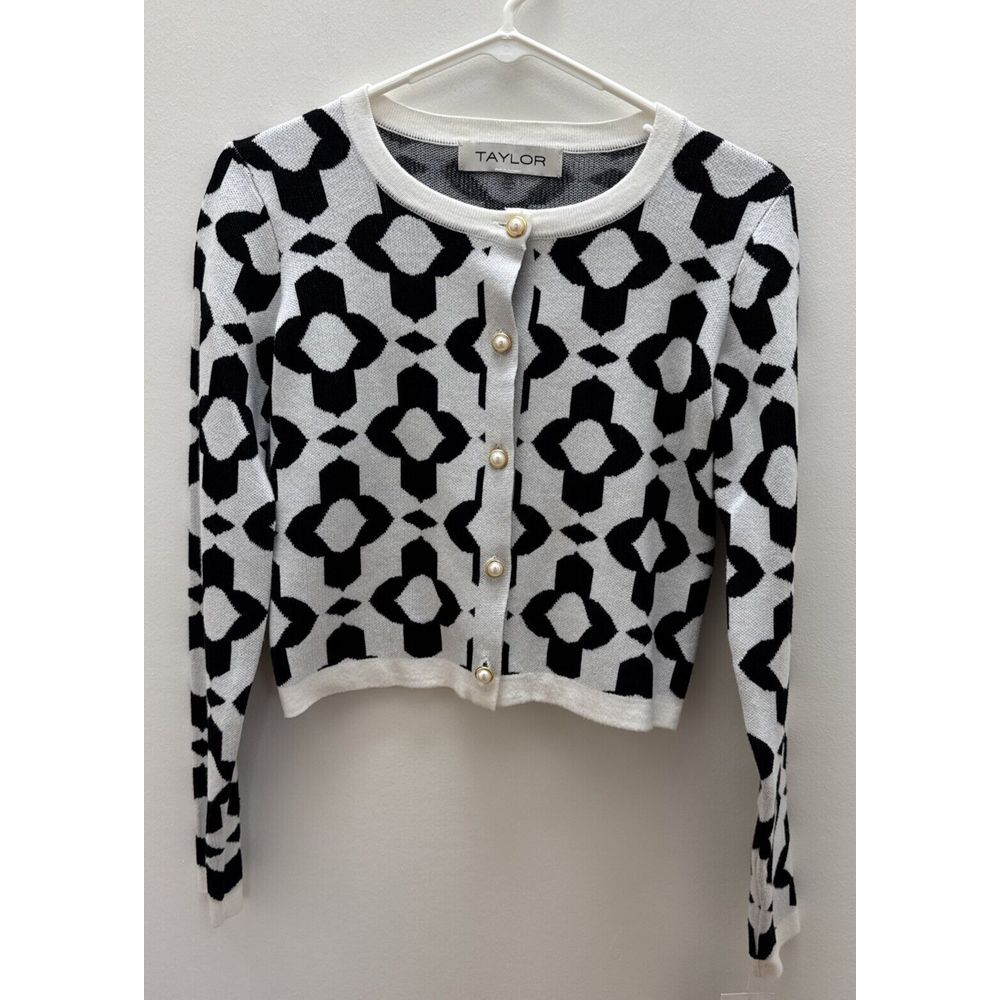 TAYLOR Women's Black ,white Geometric Button Up Gold , Cardigan Sweater Size XS